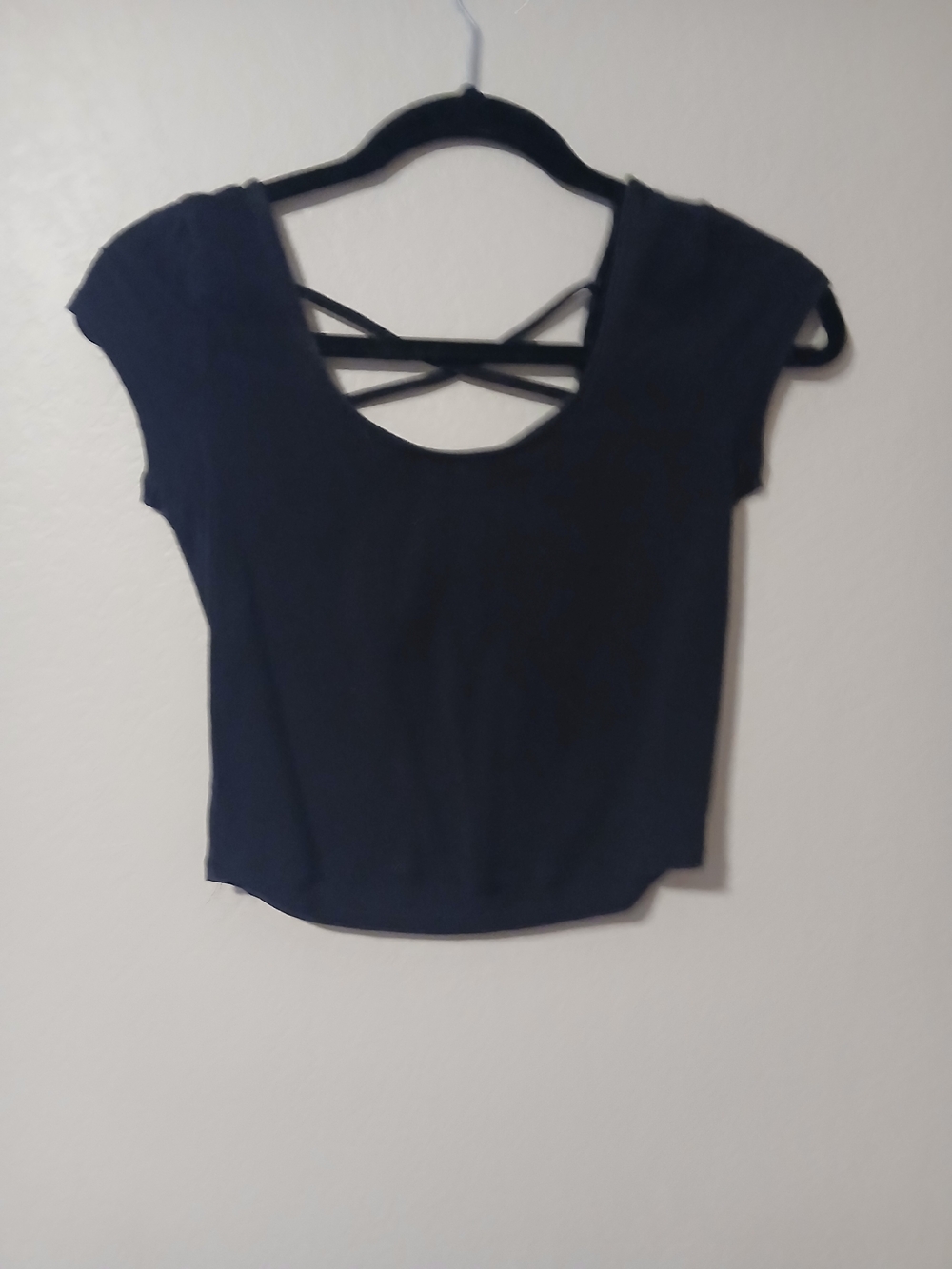 Black Cap-Sleeve Crop Top with Back Strap Detail